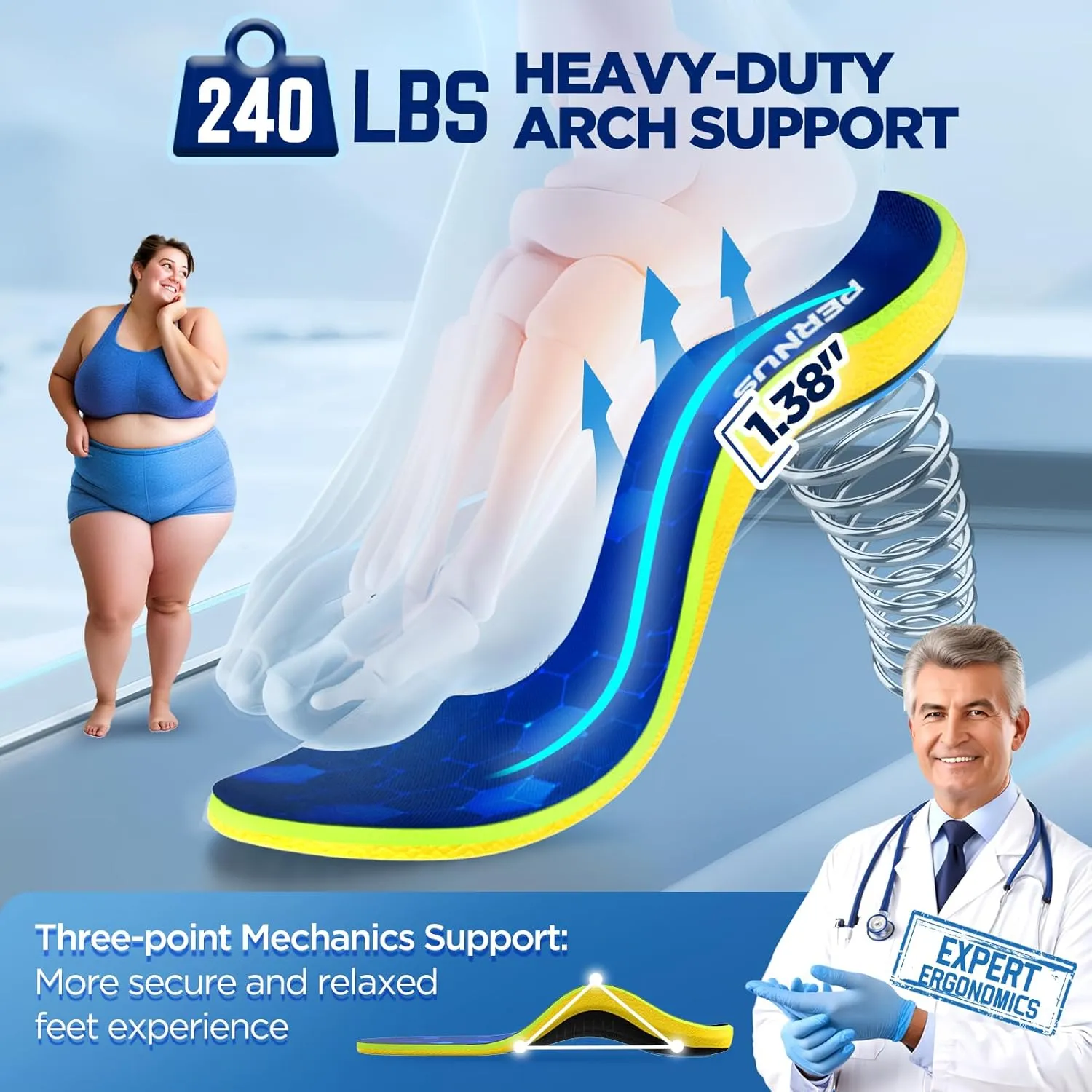 240 lbs Plantar Fasciitis Relief Insoles Men, Comfort PORON Shoe Inserts for Women, Heavy Duty High Arch Support Inserts for Pain Relief Absorb Shock, Work Boot Orthotic Insoles Flat Feet & Pronation