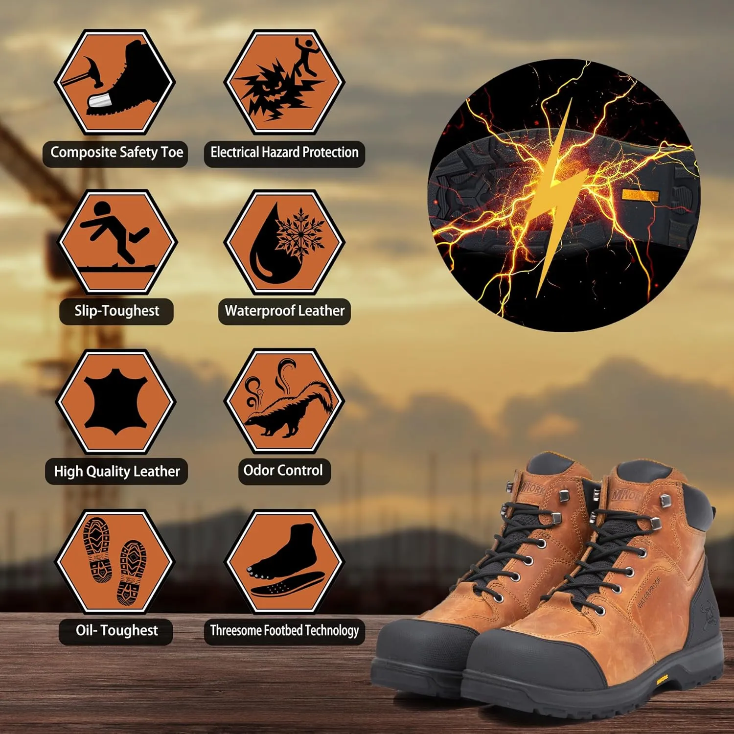 6" Work Boots For Men Waterproof Leather ASTM F2413-18 Composite Safety Toe EH Rated Arch Support Anti Fatigue