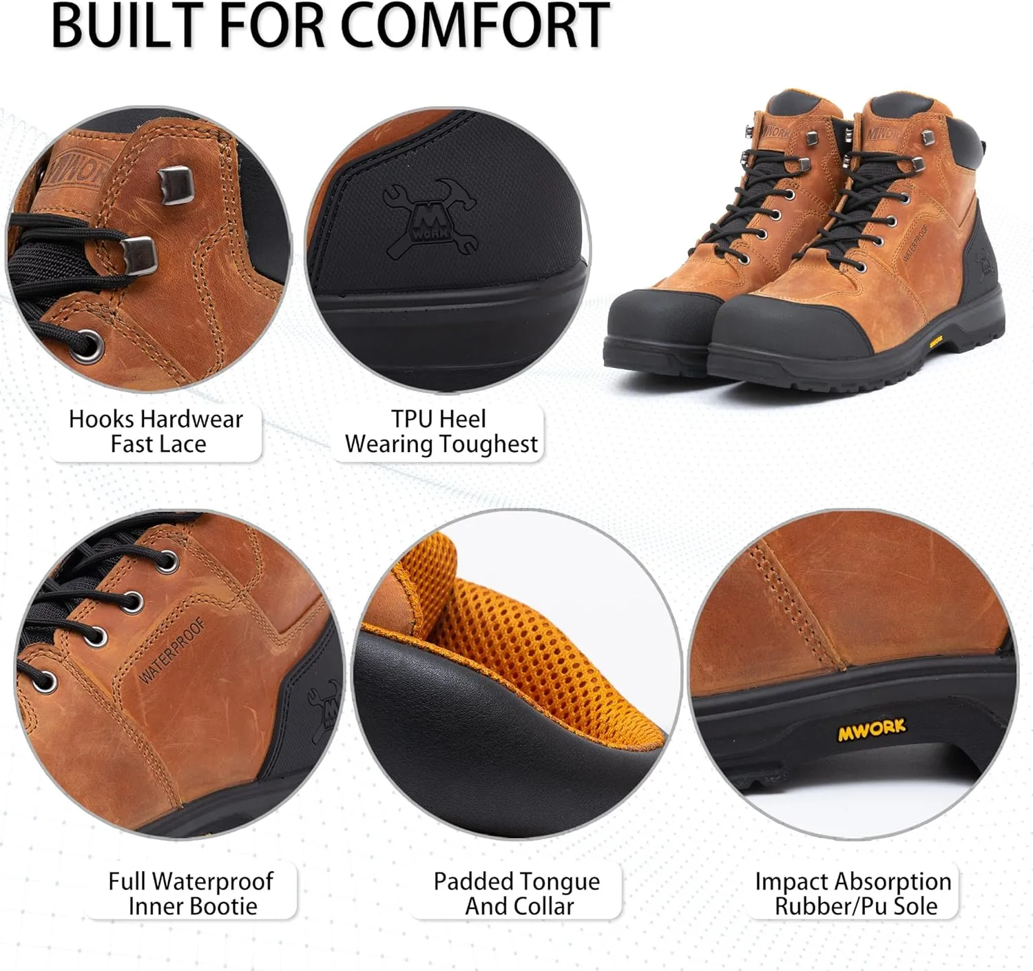 6" Work Boots For Men Waterproof Leather ASTM F2413-18 Composite Safety Toe EH Rated Arch Support Anti Fatigue