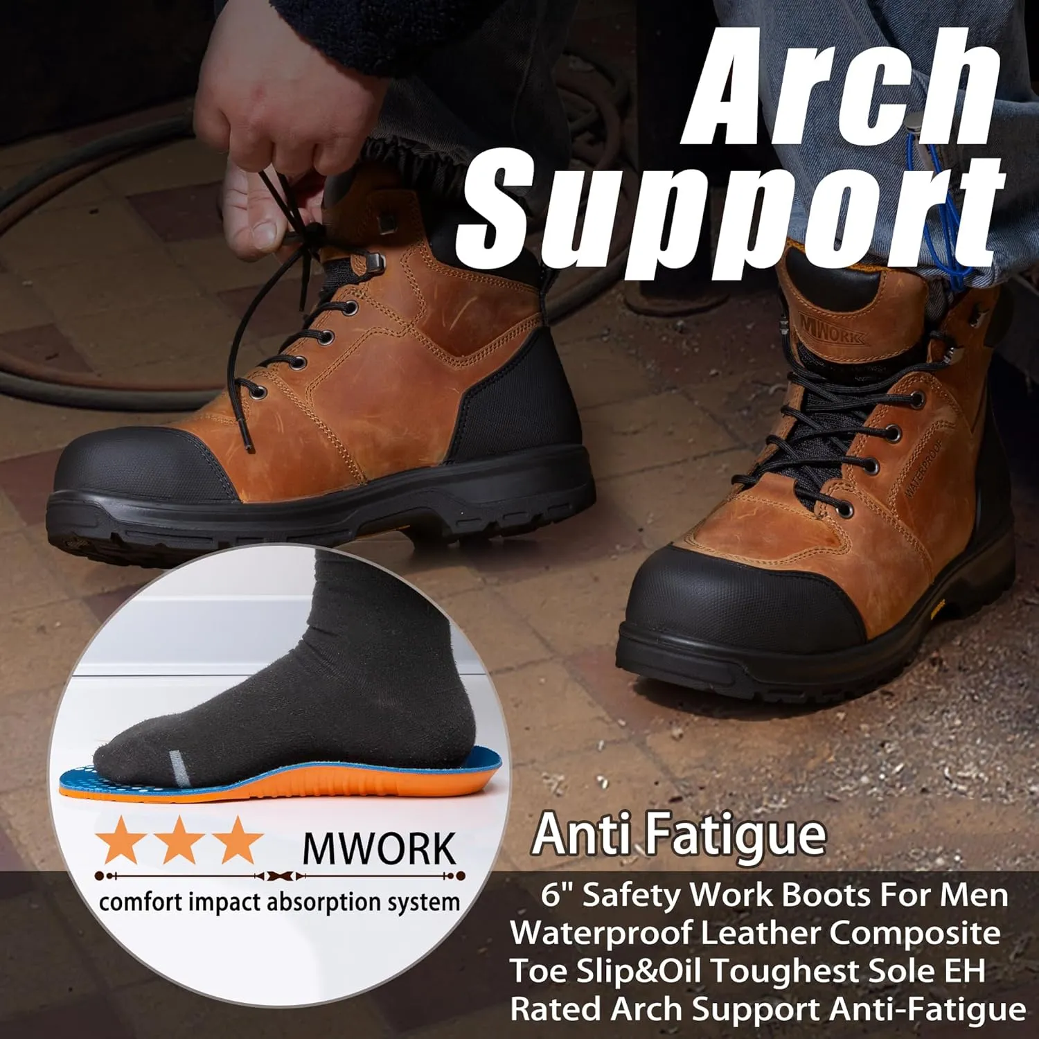 6" Work Boots For Men Waterproof Leather ASTM F2413-18 Composite Safety Toe EH Rated Arch Support Anti Fatigue