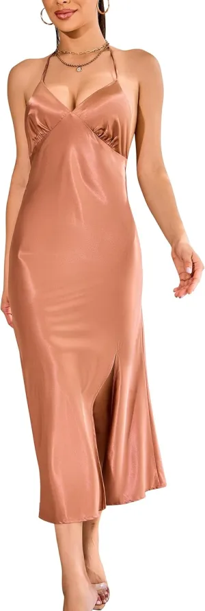 ALCEA ROSEA Womens Satin Dress Backless Spaghetti Strap Cocktail Dress Wedding Guest Evening Party Midi Dresses with Slit