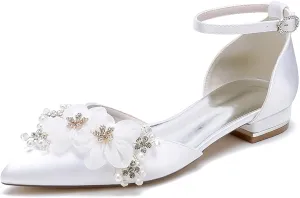 Ankle Strap Buckle Dress Lace Shoes for Bride Pearl Flower Pointed Toe Wedding Shoes Rhinestones Prom Shoes