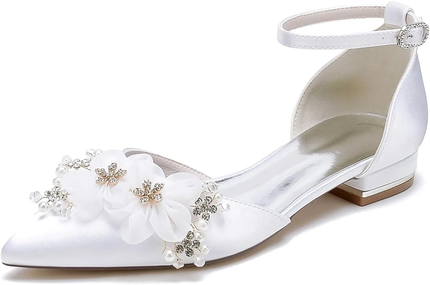 Ankle Strap Buckle Dress Lace Shoes for Bride Pearl Flower Pointed Toe Wedding Shoes Rhinestones Prom Shoes