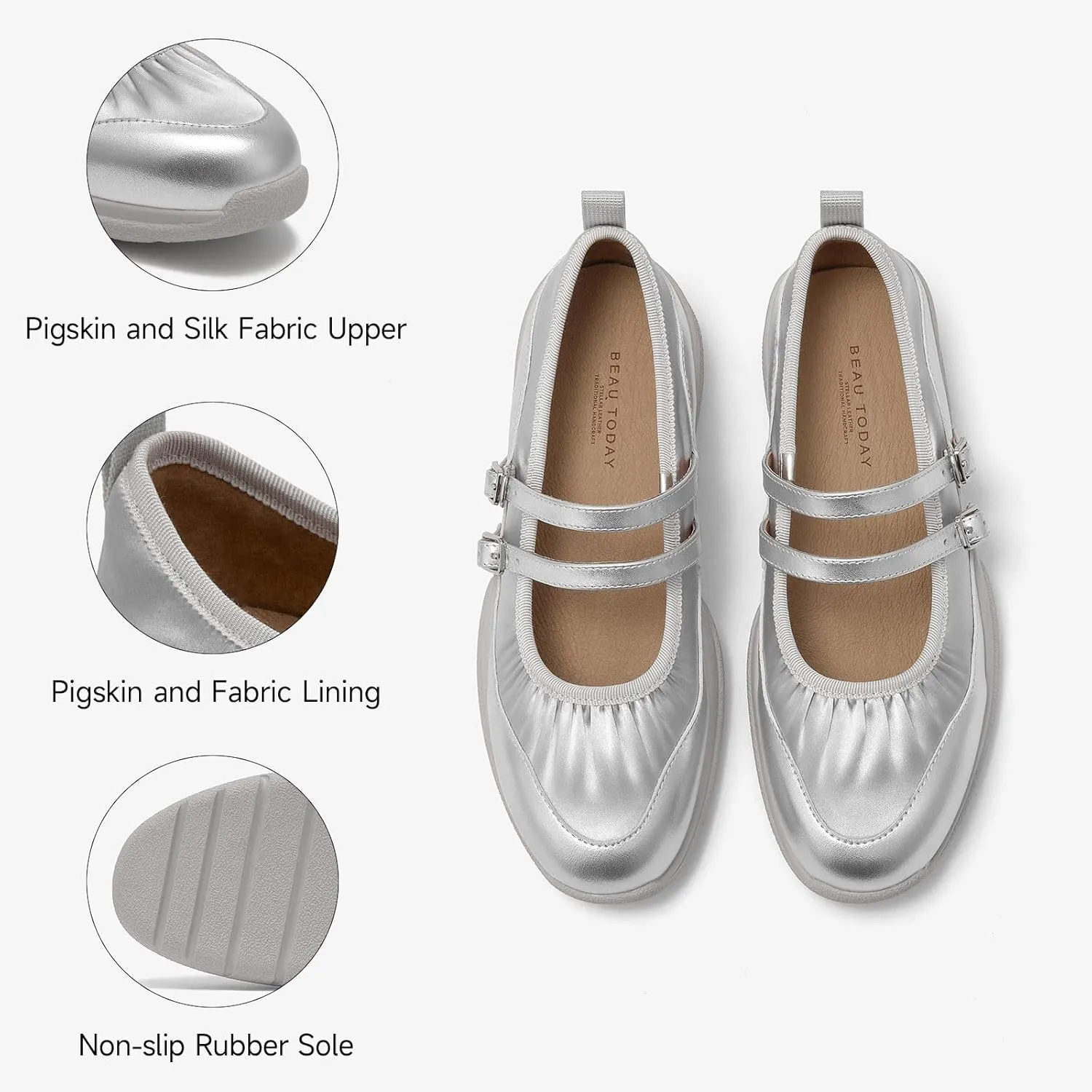 BEAU TODAY Mary Jane Shoes Women, Ballet Flats Shoes for Women, Buckle Strap Genuine Leather Flats, Comfortable Square Toe Dressy Mary Jane Flats Trendy