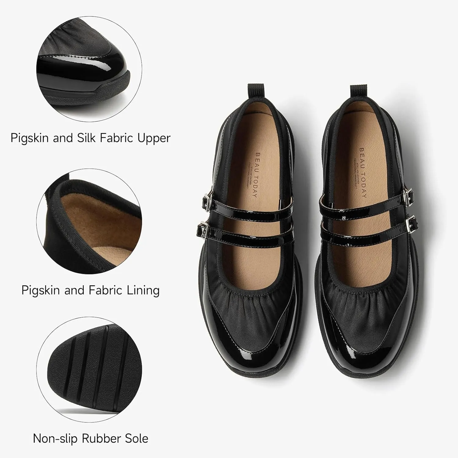 BEAU TODAY Mary Jane Shoes Women, Ballet Flats Shoes for Women, Buckle Strap Genuine Leather Flats, Comfortable Square Toe Dressy Mary Jane Flats Trendy