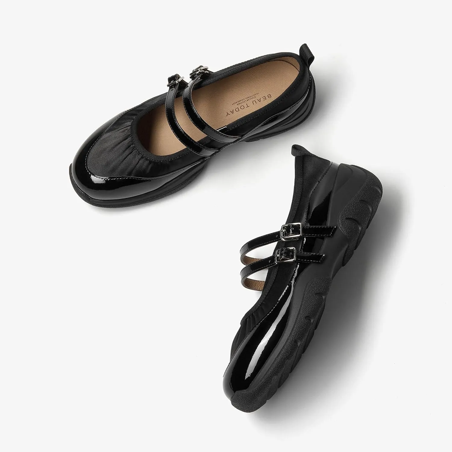 BEAU TODAY Mary Jane Shoes Women, Ballet Flats Shoes for Women, Buckle Strap Genuine Leather Flats, Comfortable Square Toe Dressy Mary Jane Flats Trendy