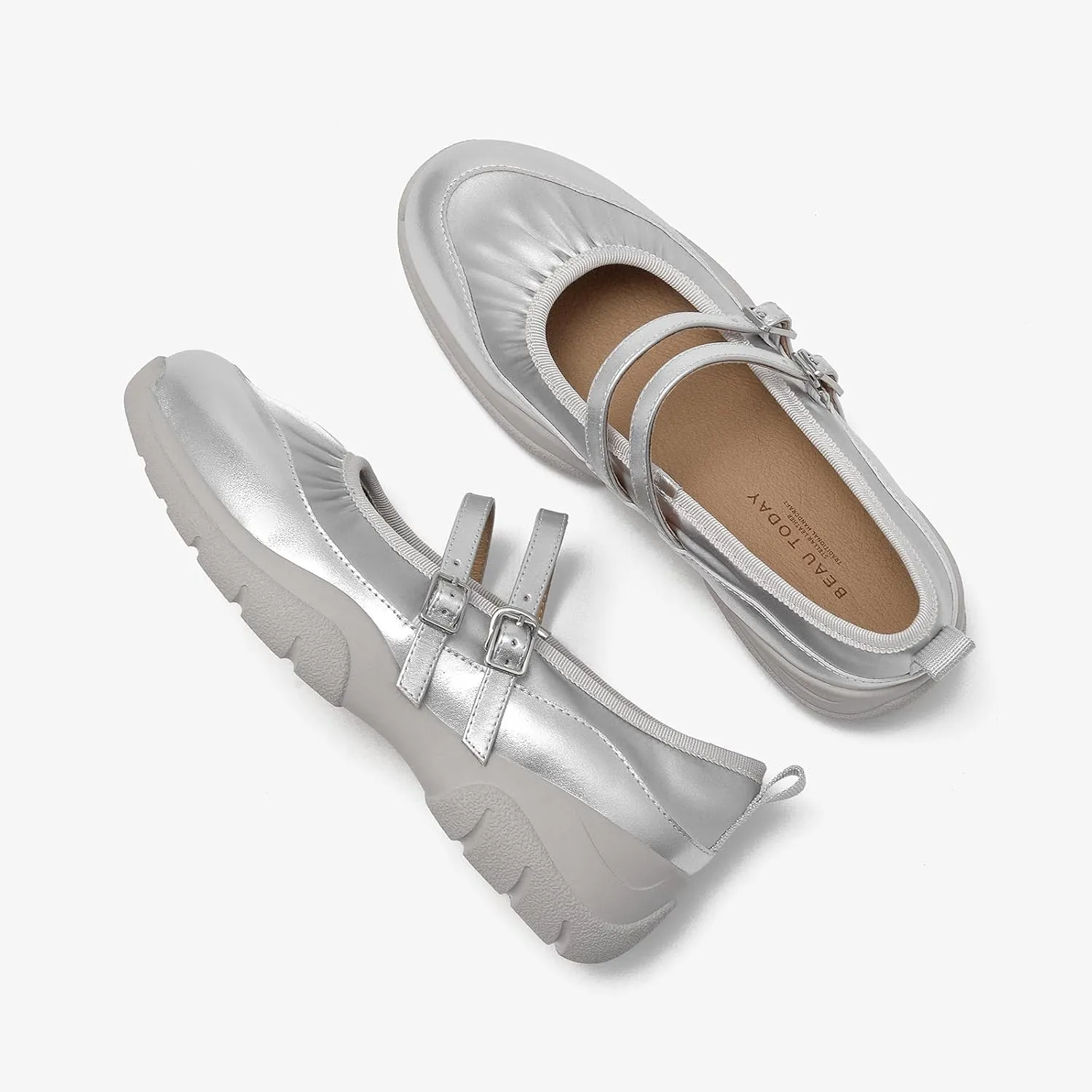 BEAU TODAY Mary Jane Shoes Women, Ballet Flats Shoes for Women, Buckle Strap Genuine Leather Flats, Comfortable Square Toe Dressy Mary Jane Flats Trendy