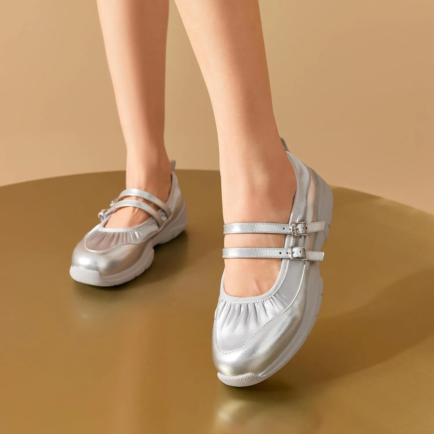 BEAU TODAY Mary Jane Shoes Women, Ballet Flats Shoes for Women, Buckle Strap Genuine Leather Flats, Comfortable Square Toe Dressy Mary Jane Flats Trendy