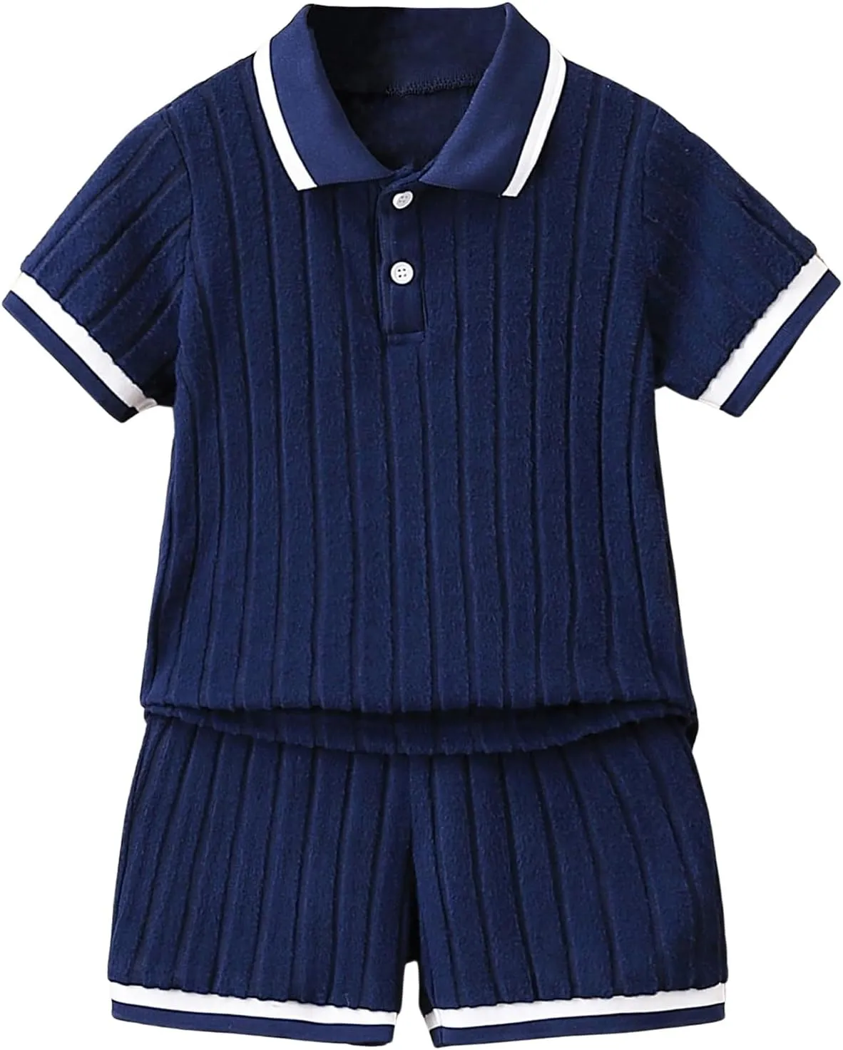 Boy's 2 Piece Summer Outfits Ribbed Knit Color Block Short Sleeve Golf Shirt and Track Shorts Sets