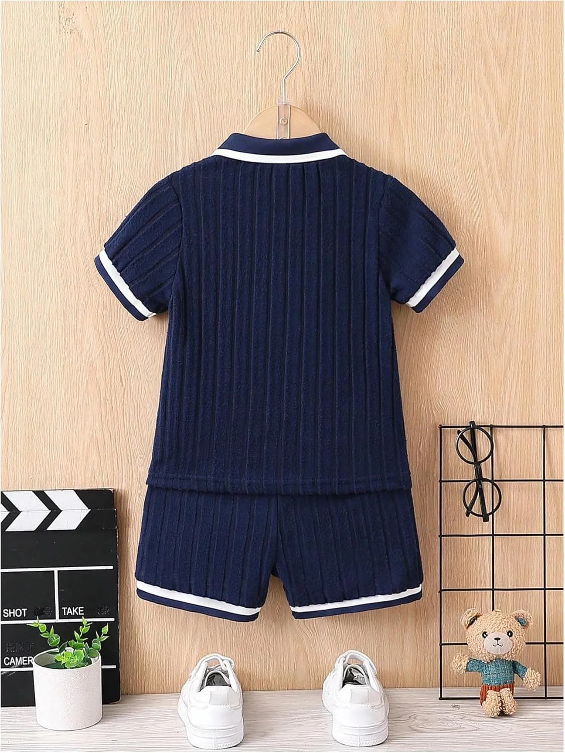 Boy's 2 Piece Summer Outfits Ribbed Knit Color Block Short Sleeve Golf Shirt and Track Shorts Sets