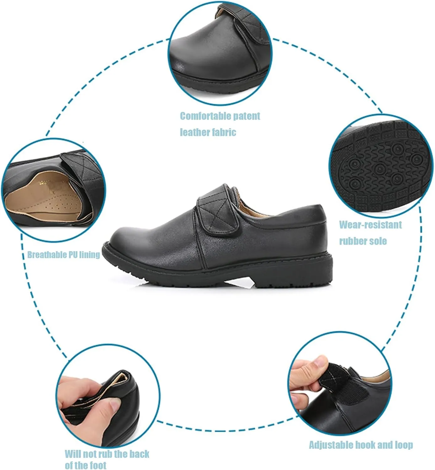 Boys Leather Hook and Loop Dress Oxford Shoes Fashionable Round Toe Thick Bottom Non-Slip Slip-On Kids Oxford School Uniform Loafers Church Formal Shoes