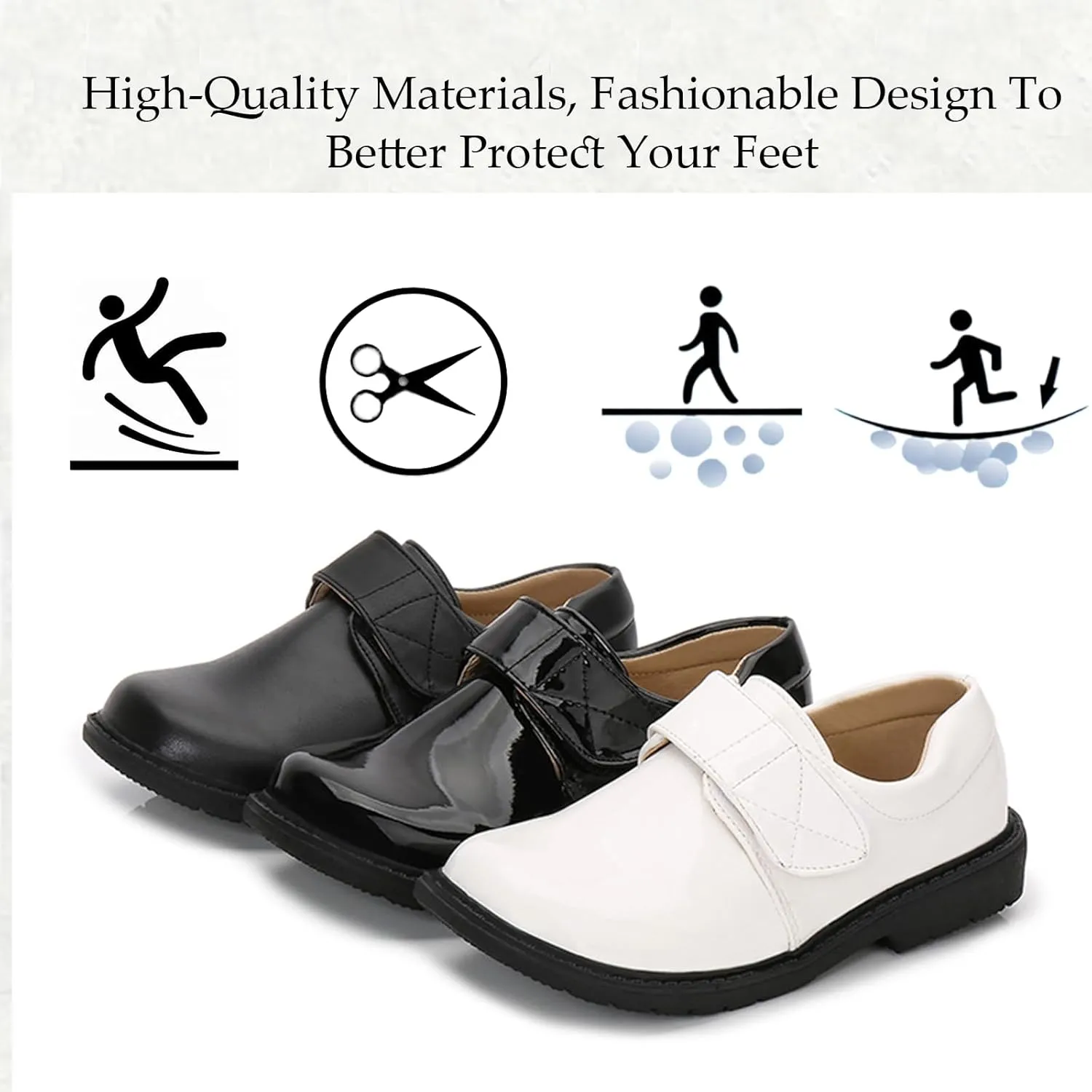 Boys Leather Hook and Loop Dress Oxford Shoes Fashionable Round Toe Thick Bottom Non-Slip Slip-On Kids Oxford School Uniform Loafers Church Formal Shoes