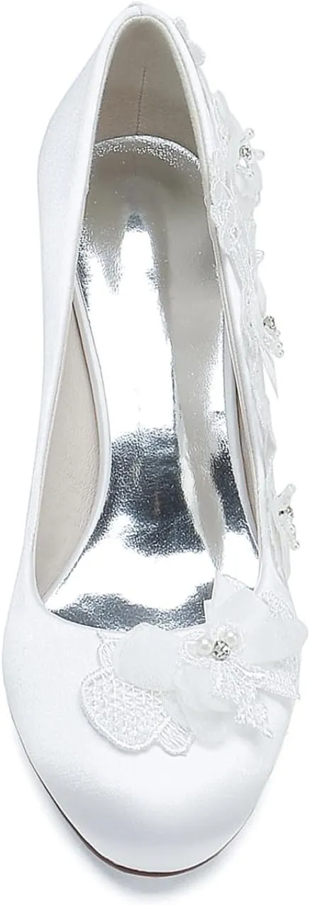 Bridal Shoes for Wedding Lace Women's Pumps Low Heels Satin Round Toe Pumps Shoes Dress Shoes Women Wedding Bridal Work Heels 6Cm