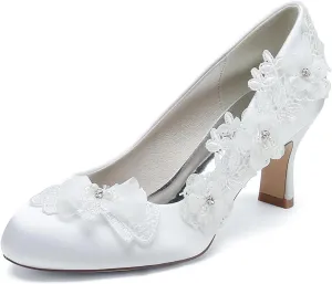 Bridal Shoes for Wedding Lace Women's Pumps Low Heels Satin Round Toe Pumps Shoes Dress Shoes Women Wedding Bridal Work Heels 6Cm