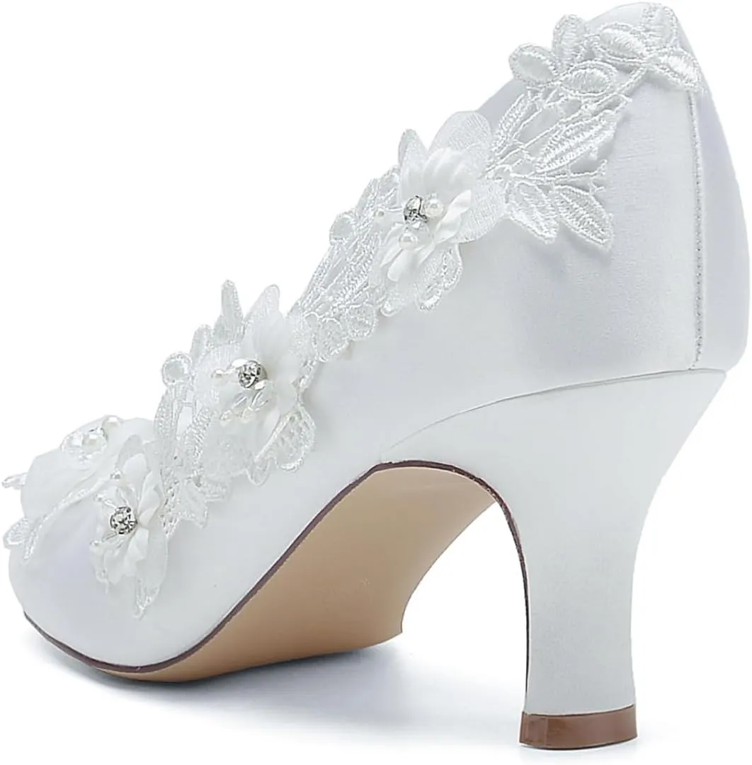Bridal Shoes for Wedding Lace Women's Pumps Low Heels Satin Round Toe Pumps Shoes Dress Shoes Women Wedding Bridal Work Heels 6Cm