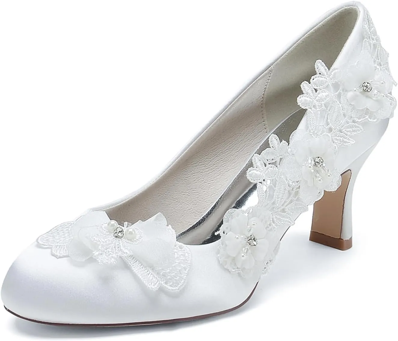 Bridal Shoes for Wedding Lace Women's Pumps Low Heels Satin Round Toe Pumps Shoes Dress Shoes Women Wedding Bridal Work Heels 6Cm