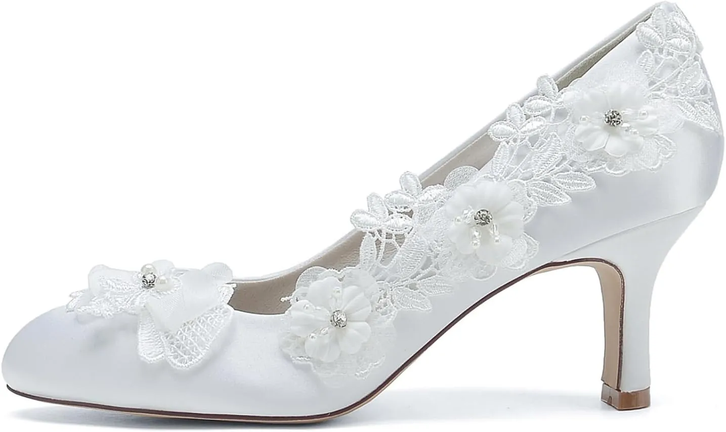 Bridal Shoes for Wedding Lace Women's Pumps Low Heels Satin Round Toe Pumps Shoes Dress Shoes Women Wedding Bridal Work Heels 6Cm