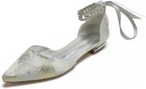 Bride Pump Women Low Heel Sandals Wedding Shoes Flat Heel Closed Pointed Toe Bridal Shoes Comfortable Ankle Strap Bowknot Floral Ballet,Silver,6