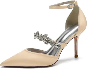 Bride Shoes for Wedding Women's Ankle Strap Silk Pointed-Toe High Heel Shoes Comfortable Mid Heels Pumps Evening Party Shoes 8.5Cm