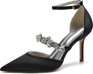 Bride Shoes for Wedding Women's Ankle Strap Silk Pointed-Toe High Heel Shoes Comfortable Mid Heels Pumps Evening Party Shoes 8.5Cm
