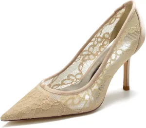 Bride Wedding Dress Shoes Lace Pumps Heel Pointed Toe Wedding Pumps Shoes Women Prom High Heels Bridal Dress Shoes 8.5Cm