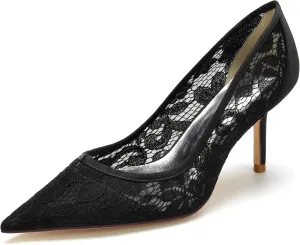 Bride Wedding Dress Shoes Lace Pumps Heel Pointed Toe Wedding Pumps Shoes Women Prom High Heels Bridal Dress Shoes 8.5Cm