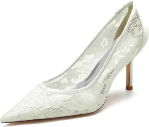 Bride Wedding Dress Shoes Lace Pumps Heel Pointed Toe Wedding Pumps Shoes Women Prom High Heels Bridal Dress Shoes 8.5Cm
