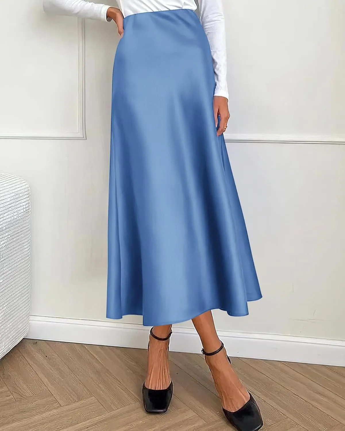 BTFBM 2025 Women Summer Spring Long Satin Skirt Silk Elegant High Waist Cocktail Party Wedding Flowy A-Line Midi Skirts