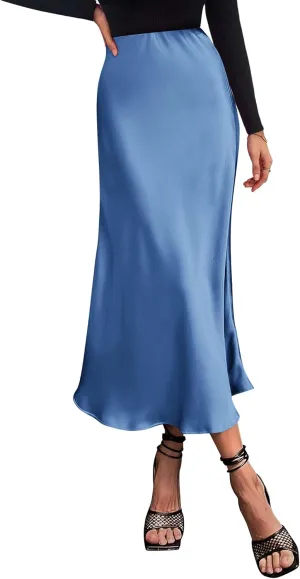 BTFBM 2025 Women Summer Spring Long Satin Skirt Silk Elegant High Waist Cocktail Party Wedding Flowy A-Line Midi Skirts