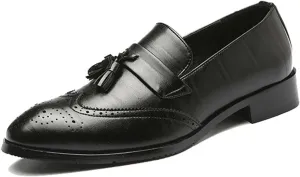 ByErz Men Loafers Classic Leather Business Foraml Dress Office Casual Slip on Brogue Shoes with Tassel