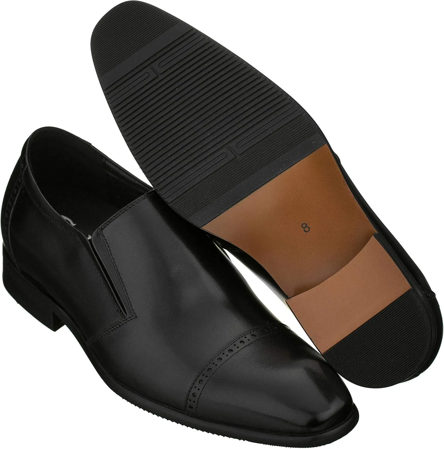 CALTO Men's Invisible Height Increasing Elevator Shoes - Black Leather Slip-on Formal Dress Loafers- 2.4 Inches Taller - Y6115 - Size 6.5 D(M) US