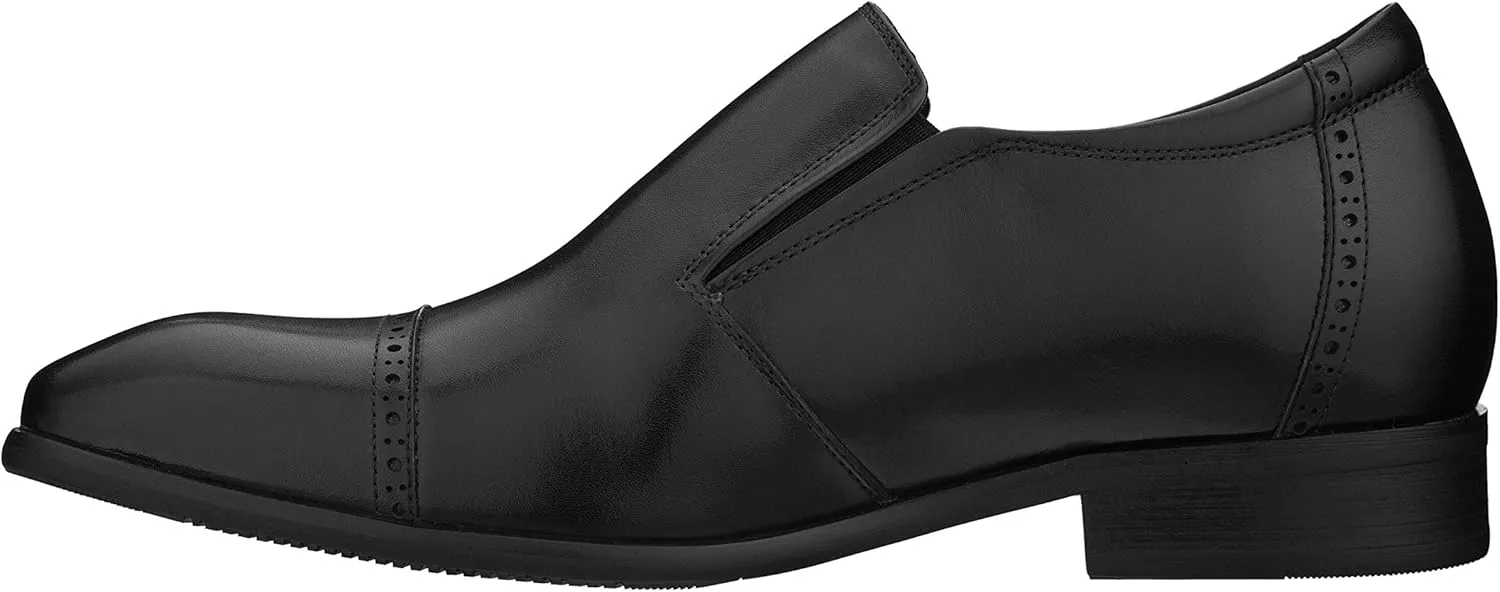 CALTO Men's Invisible Height Increasing Elevator Shoes - Black Leather Slip-on Formal Dress Loafers- 2.4 Inches Taller - Y6115 - Size 6.5 D(M) US