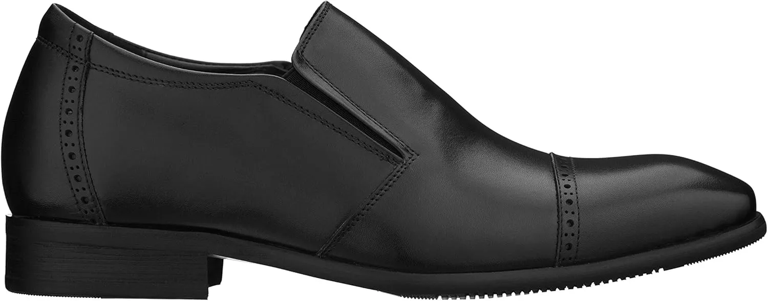 CALTO Men's Invisible Height Increasing Elevator Shoes - Black Leather Slip-on Formal Dress Loafers- 2.4 Inches Taller - Y6115 - Size 6.5 D(M) US