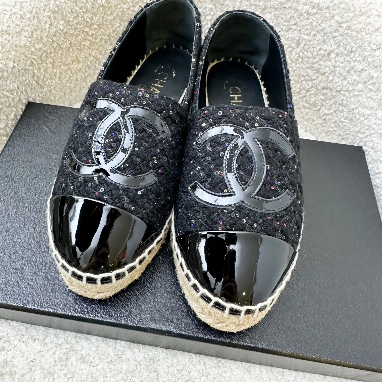 Chanel Espadrilles in Black Tweed with Sequins and Black Patent Leather Sz 35