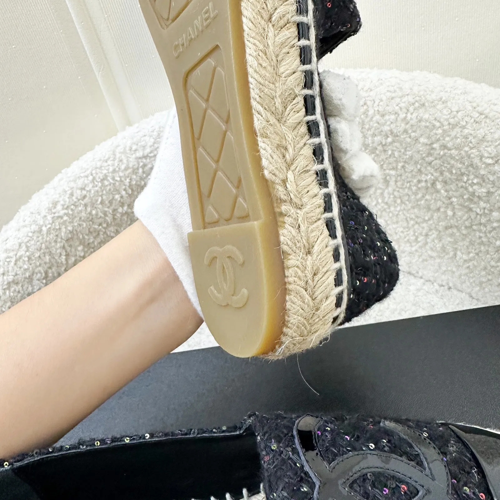 Chanel Espadrilles in Black Tweed with Sequins and Black Patent Leather Sz 35