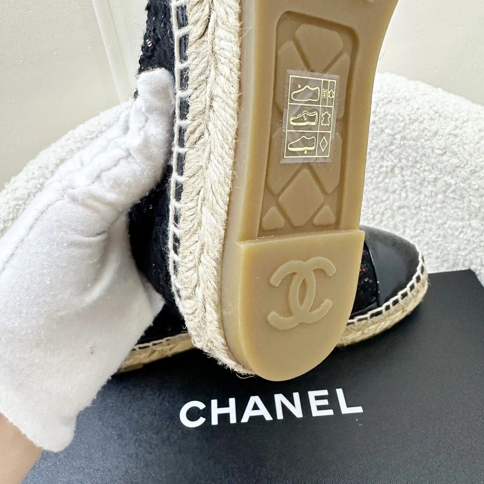 Chanel Espadrilles in Black Tweed with Sequins and Black Patent Leather Sz 35