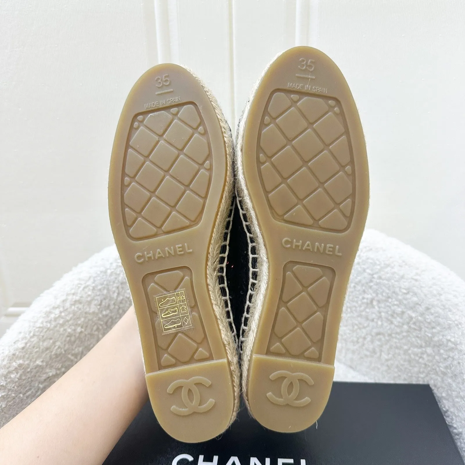 Chanel Espadrilles in Black Tweed with Sequins and Black Patent Leather Sz 35