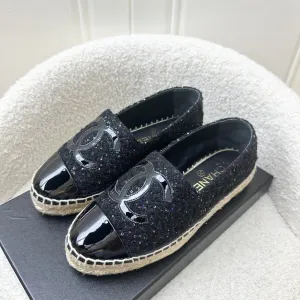 Chanel Espadrilles in Black Tweed with Sequins and Black Patent Leather Sz 35