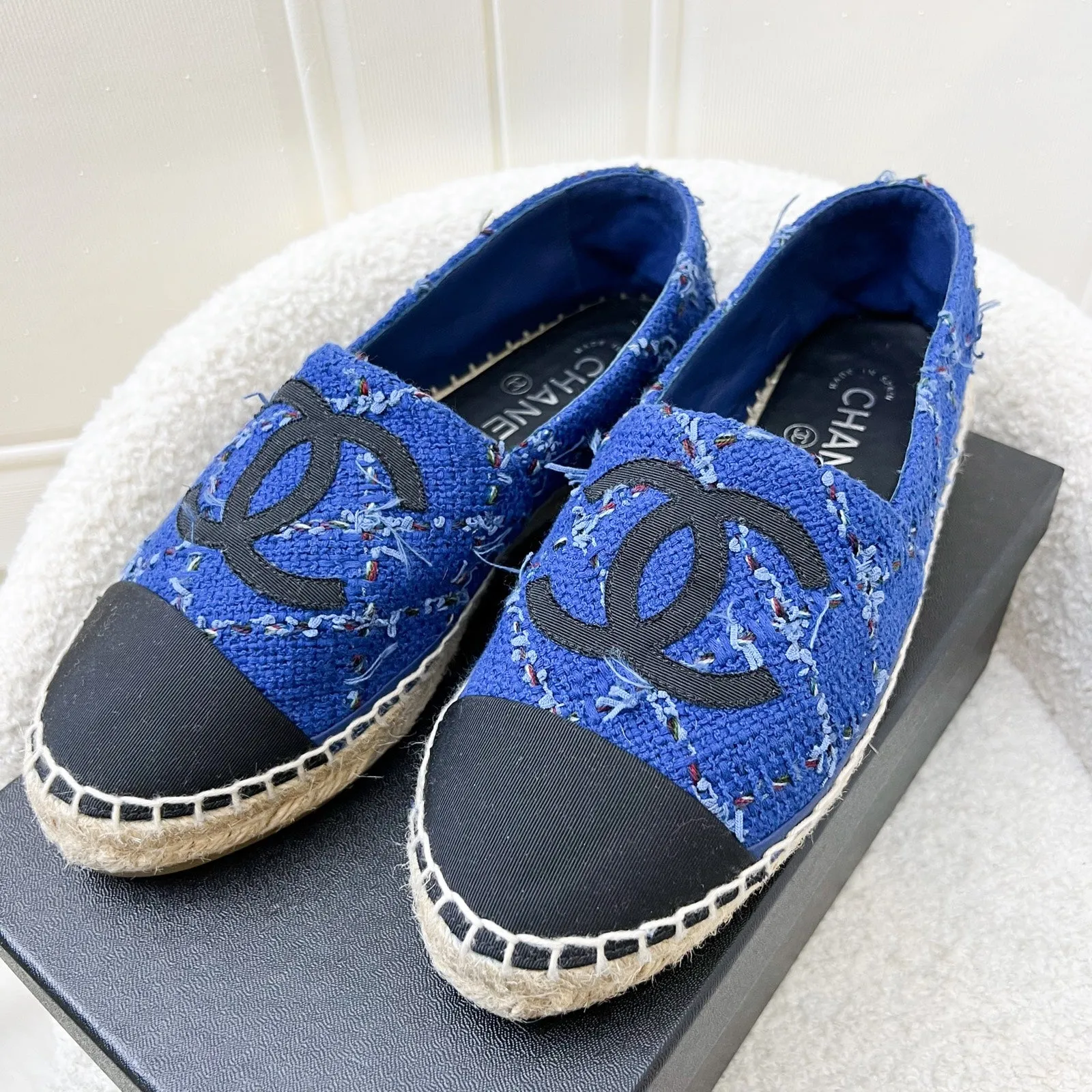 Chanel Espadrilles in Blue Tweed and Black Gosgrain Sz 37