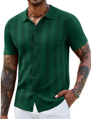 COOFANDY Men's Knit Shirts Short Sleeve Casual Button Down Polo Shirt Summer Beach Vacation Shirts
