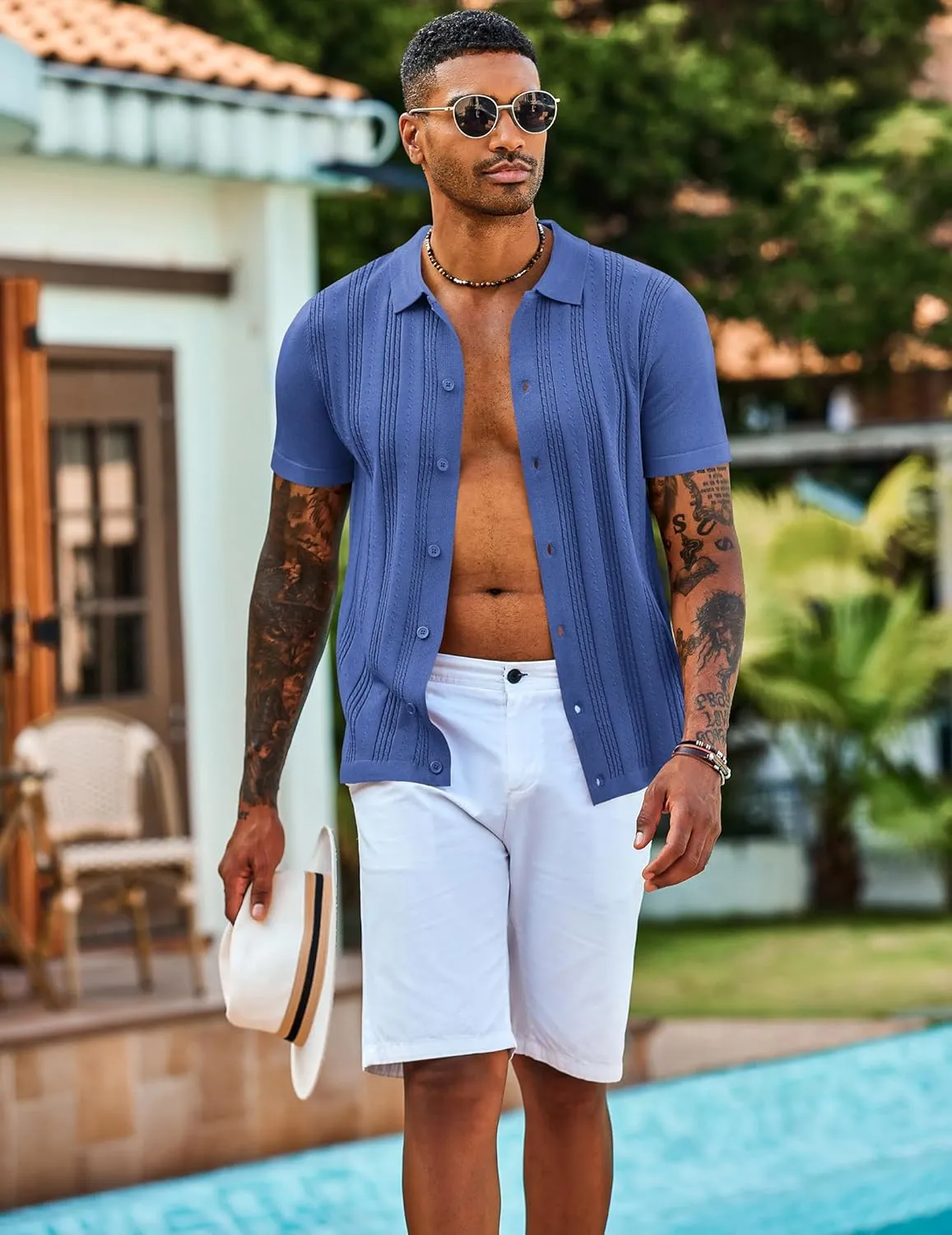 COOFANDY Men's Knit Shirts Short Sleeve Casual Button Down Polo Shirt Summer Beach Vacation Shirts