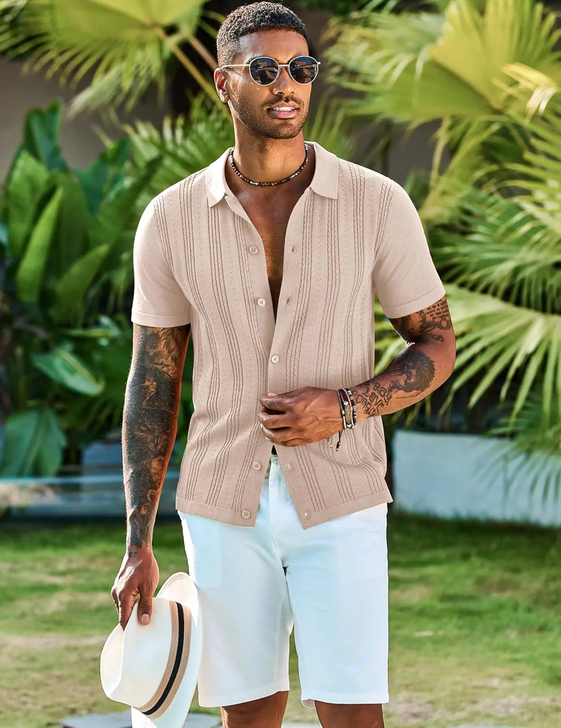 COOFANDY Men's Knit Shirts Short Sleeve Casual Button Down Polo Shirt Summer Beach Vacation Shirts