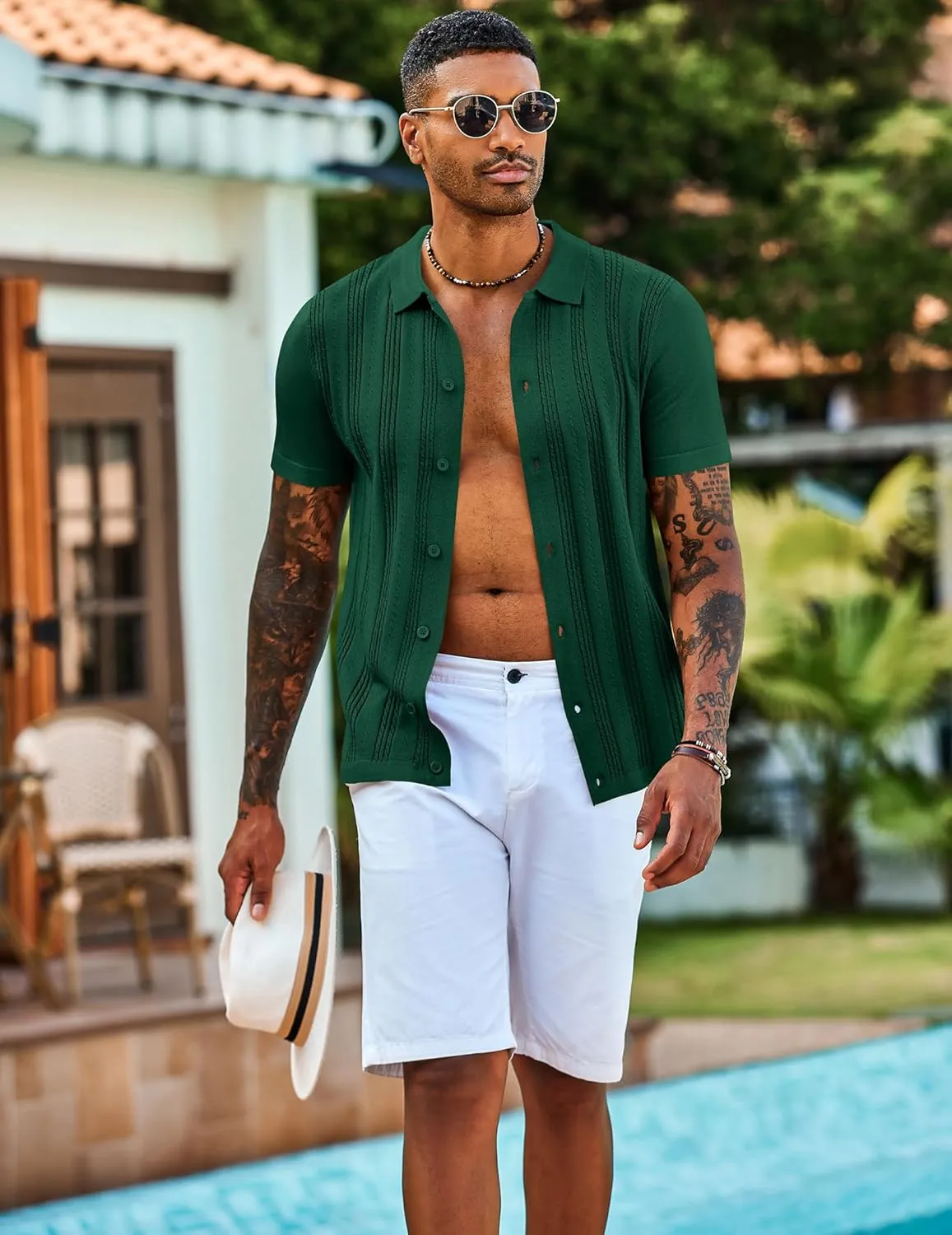 COOFANDY Men's Knit Shirts Short Sleeve Casual Button Down Polo Shirt Summer Beach Vacation Shirts