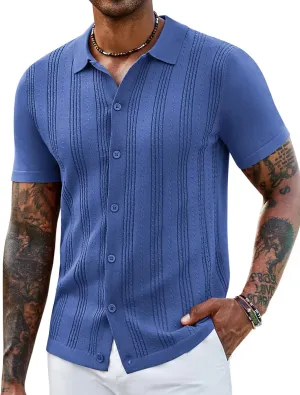 COOFANDY Men's Knit Shirts Short Sleeve Casual Button Down Polo Shirt Summer Beach Vacation Shirts