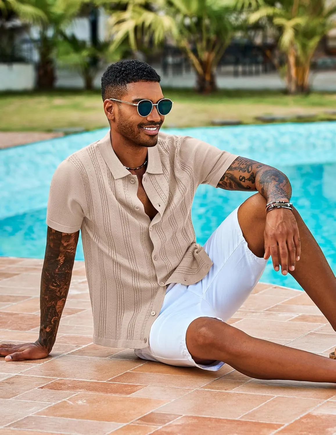 COOFANDY Men's Knit Shirts Short Sleeve Casual Button Down Polo Shirt Summer Beach Vacation Shirts