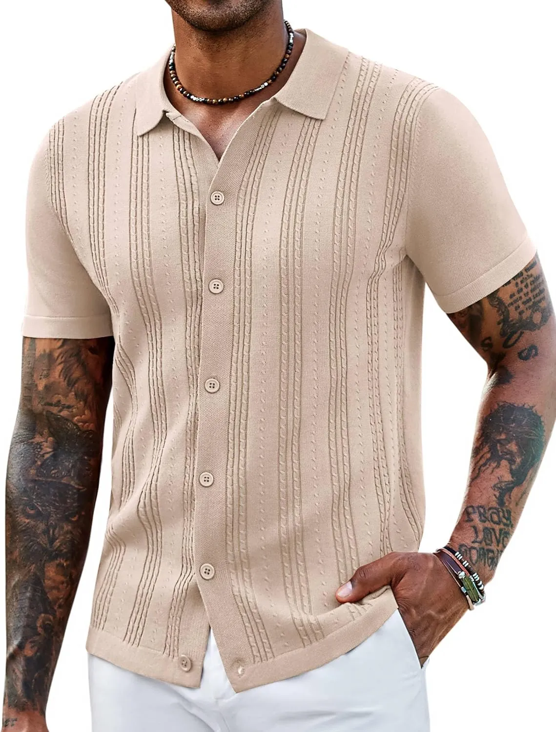 COOFANDY Men's Knit Shirts Short Sleeve Casual Button Down Polo Shirt Summer Beach Vacation Shirts