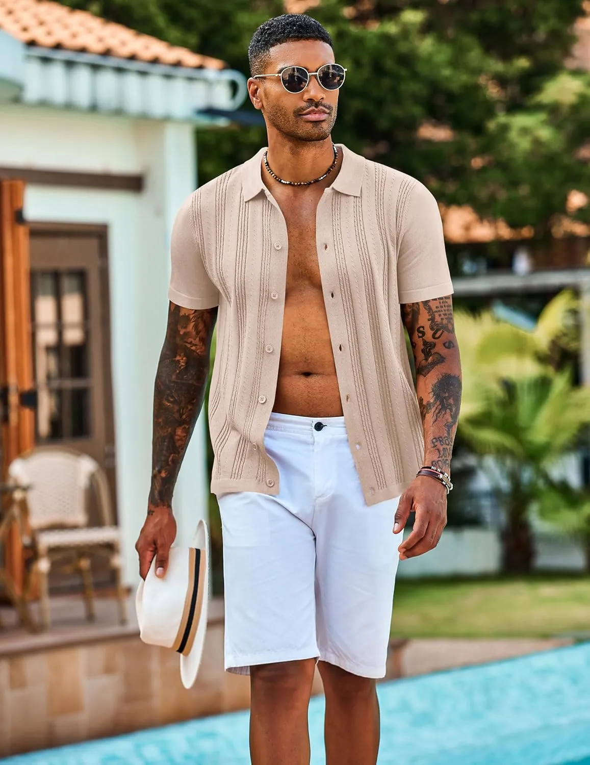 COOFANDY Men's Knit Shirts Short Sleeve Casual Button Down Polo Shirt Summer Beach Vacation Shirts