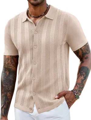 COOFANDY Men's Knit Shirts Short Sleeve Casual Button Down Polo Shirt Summer Beach Vacation Shirts
