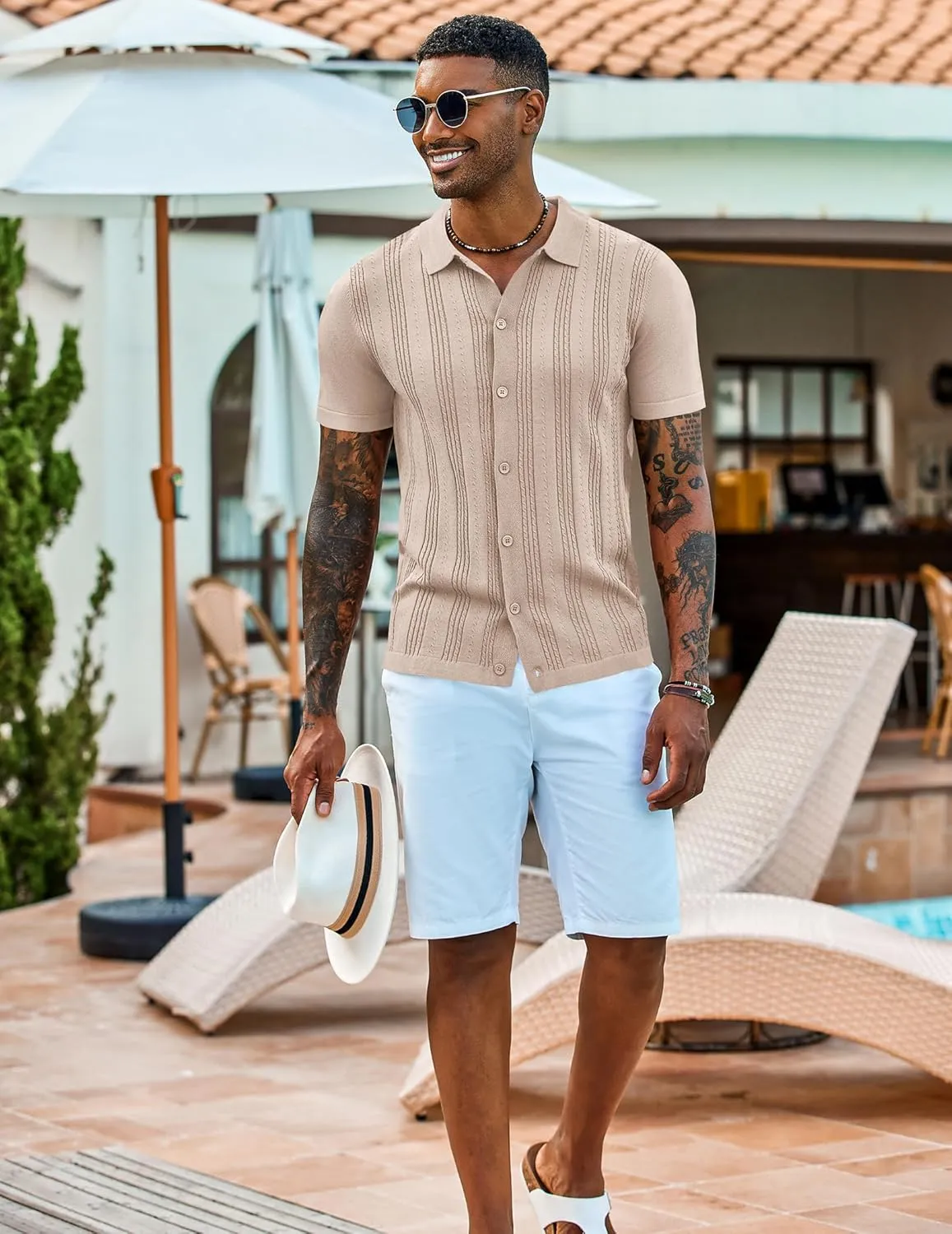 COOFANDY Men's Knit Shirts Short Sleeve Casual Button Down Polo Shirt Summer Beach Vacation Shirts