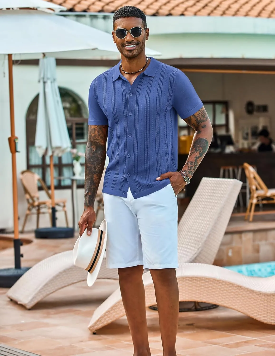 COOFANDY Men's Knit Shirts Short Sleeve Casual Button Down Polo Shirt Summer Beach Vacation Shirts